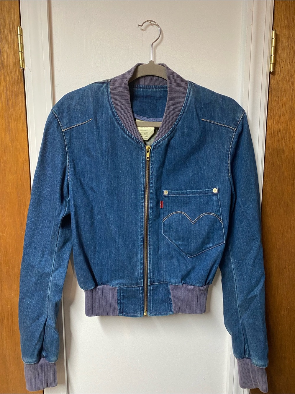 Levi's Blue Denim Bomber Jacket with Purple Rib Trim